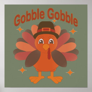 Cute Thanksgiving Turkey Tecknad - "Gobble Gobble" Poster
