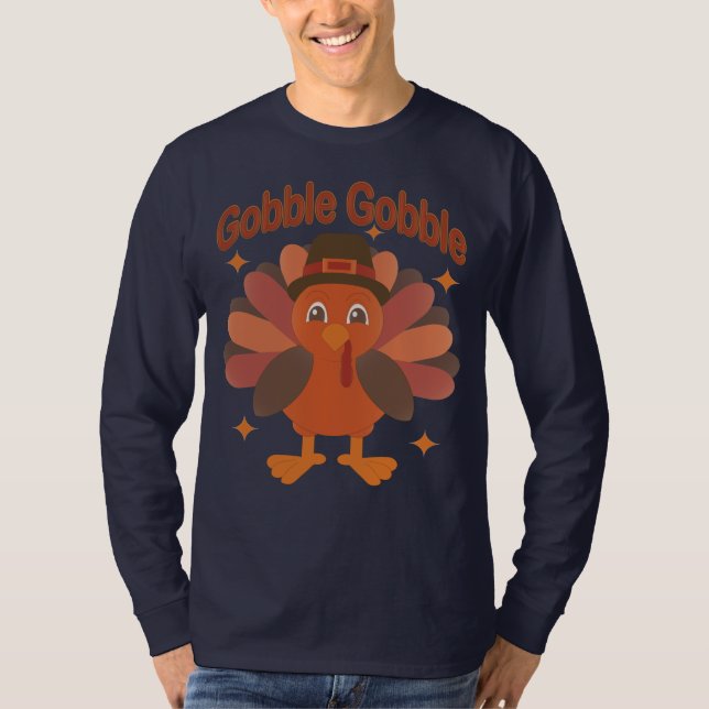 Cute Thanksgiving Turkey Tecknad - "Gobble Gobble" T Shirt (Framsida)