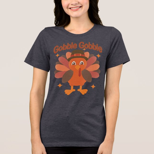 Cute Thanksgiving Turkey Tecknad - "Gobble Gobble" T Shirt (Framsida)