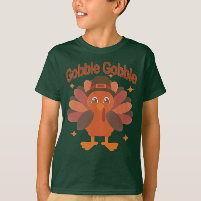 Cute Thanksgiving Turkey Tecknad - "Gobble Gobble" T Shirt (Framsida)