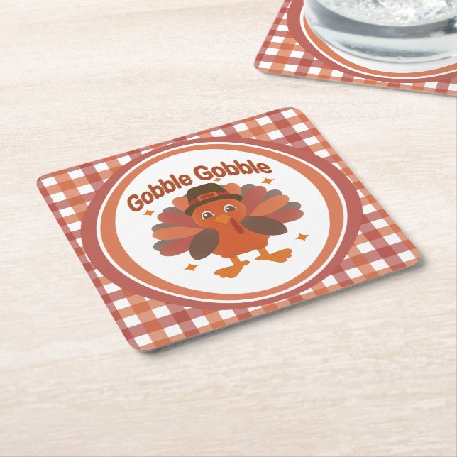 Cute Thanksgiving Turkey Tecknad - "Gobble Gobble" Underlägg Papper Kvadrat (Vinklad)