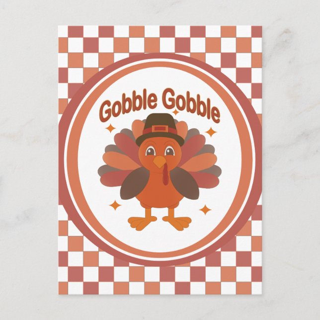 Cute Thanksgiving Turkey Tecknad - "Gobble Gobble" Vykort (Framsida)