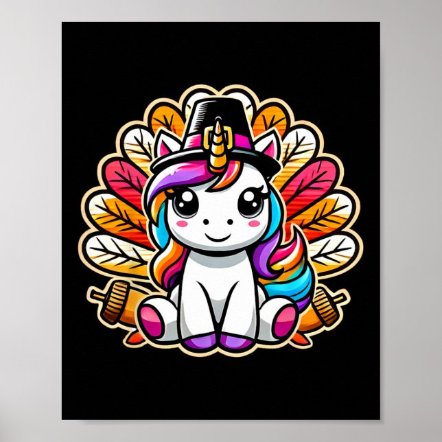 Cute Thanksgiving Unicorn Pilgrim Hat Turkey Girls Poster (Framsidan)