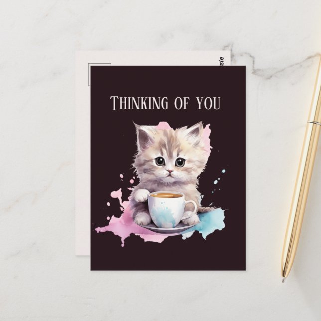 Cute Thinking of you kaffe cat Vykort (Fram/Back In Situ)
