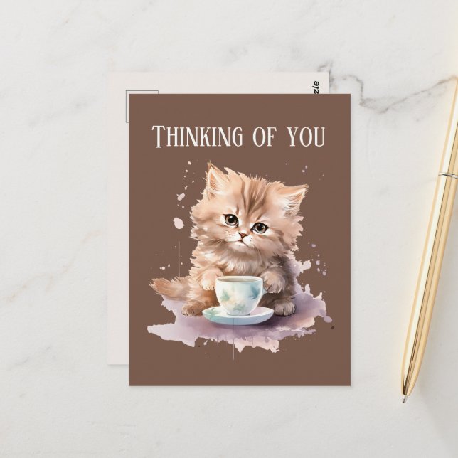 Cute Thinking of you kaffe cat Vykort (Fram/Back In Situ)