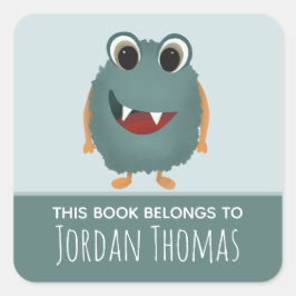 Cute 'this Bok Tillhörs Blue Monster Bookplate Fyrkantigt Klistermärke