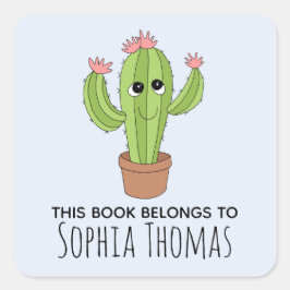 Cute 'this Bok Tillhörs Cactus Kids Bookplate Fyrkantigt Klistermärke