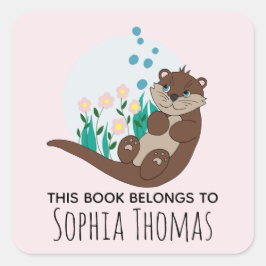 Cute 'this Bok Tillhörs Otter Namn Kids Bookplate Fyrkantigt Klistermärke