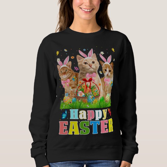 Cute Three Bunny Cats & Easter Egg Basket Easter D T Shirt (Framsida)