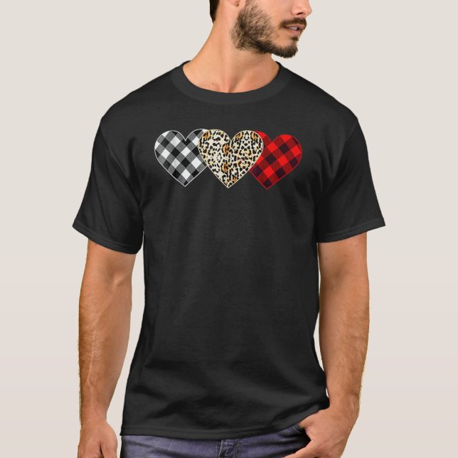 Cute Three Heart Leopard Buffalo Red Black Plaid V T Shirt (Framsida)