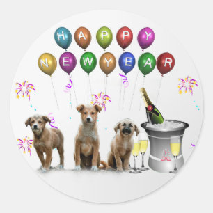 Cute Three Hundar Wishing Gott nytt år 2016 Runt Klistermärke