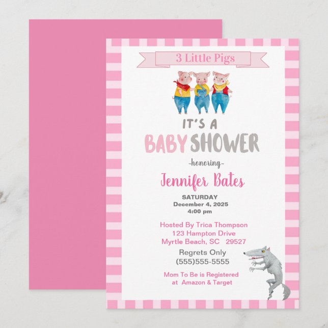 Cute Three Little Piges Theme Rosa Baby Shower Inbjudningar (Fram/baksida)