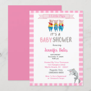 Cute Three Little Piges Theme Rosa Baby Shower Inbjudningar