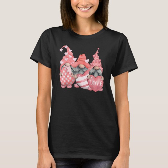 Cute Three Pink Gnomes Holding Hearts Funny Valent T Shirt (Framsida)