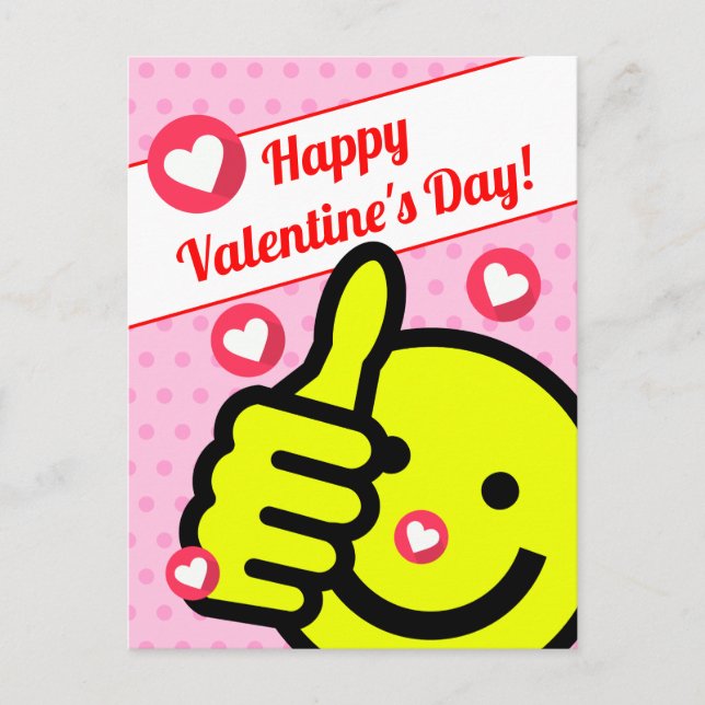 Cute Thumbs Up Smile Ansikte Rosa Valentines day Vykort (Framsida)