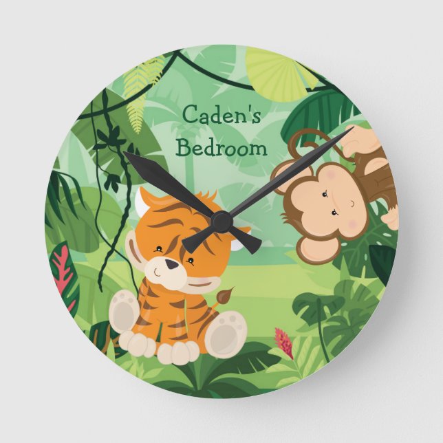 Cute Tiger Anpassningsbar Safari Animal Kids Room Rund Klocka (Framsida)