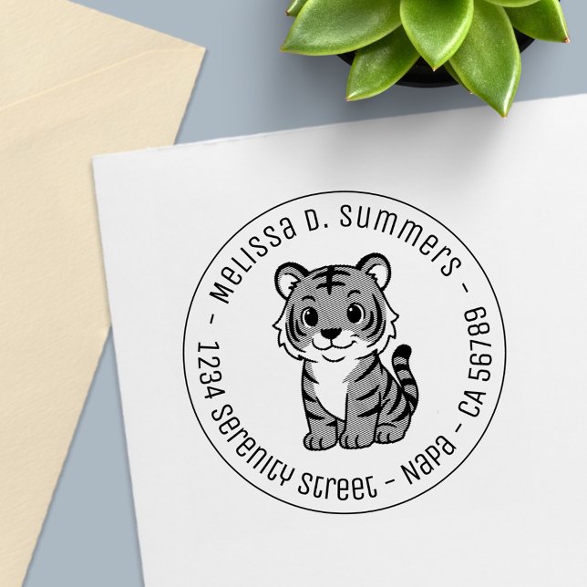 Cute Tiger Cub Round Address Självfärgande Stämpel (Skapare uppladdad)