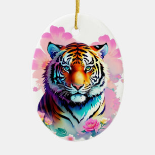 Cute Tiger Flowers Julgransprydnad Keramik