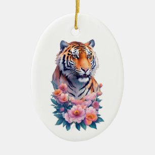 Cute Tiger Flowers Julgransprydnad Keramik