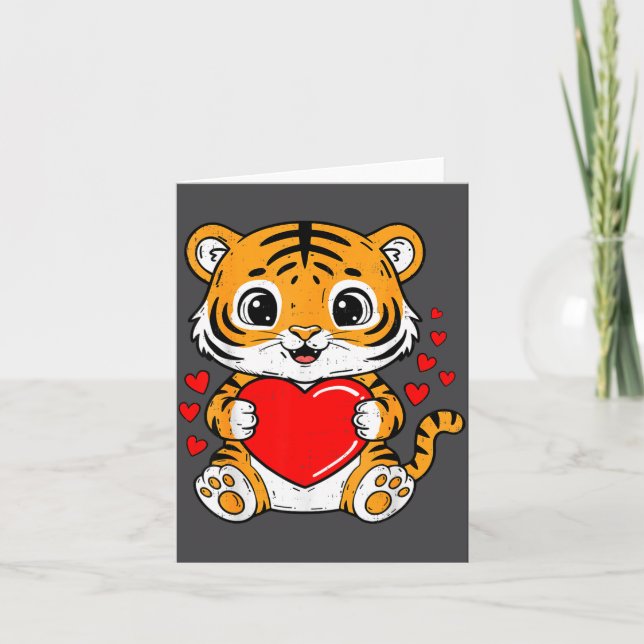 Cute Tiger Holding Heart Kawaii Valentines Day Men Kort (Framsida)