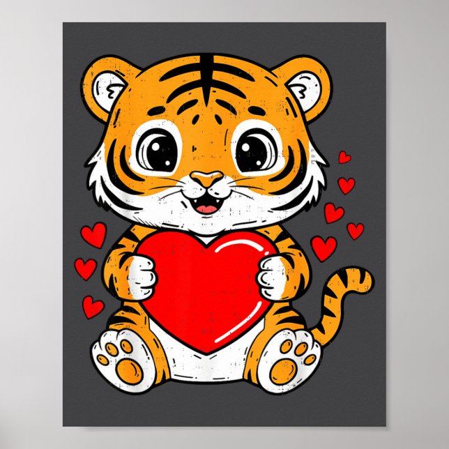 Cute Tiger Holding Heart Kawaii Valentines Day Men Poster (Framsidan)