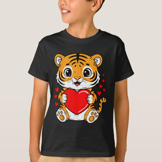 Cute Tiger Holding Heart Kawaii Valentines Day Men T Shirt (Framsida)