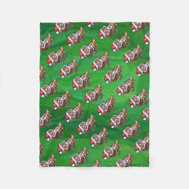 Cute Tiger i Santa Hat på Grönt Fleecefilt (Framsidan)