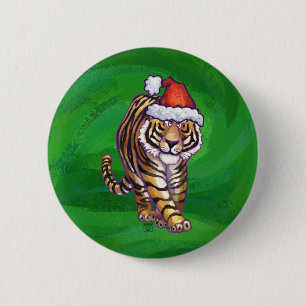 Cute Tiger i Santa Hat på Grönt Knapp