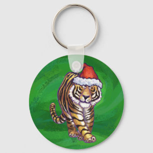Cute Tiger i Santa Hat på Grönt Nyckelring