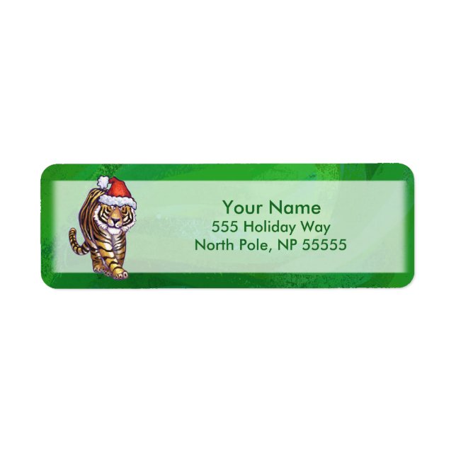 Cute Tiger i Santa Hat på Grönt Returadress Etikett (Framsidan)