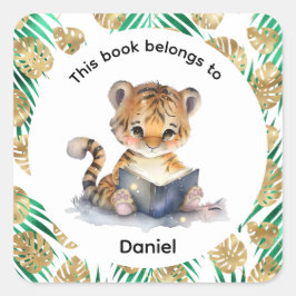 Cute Tiger Läsning i Bok Fyrkantigt Klistermärke