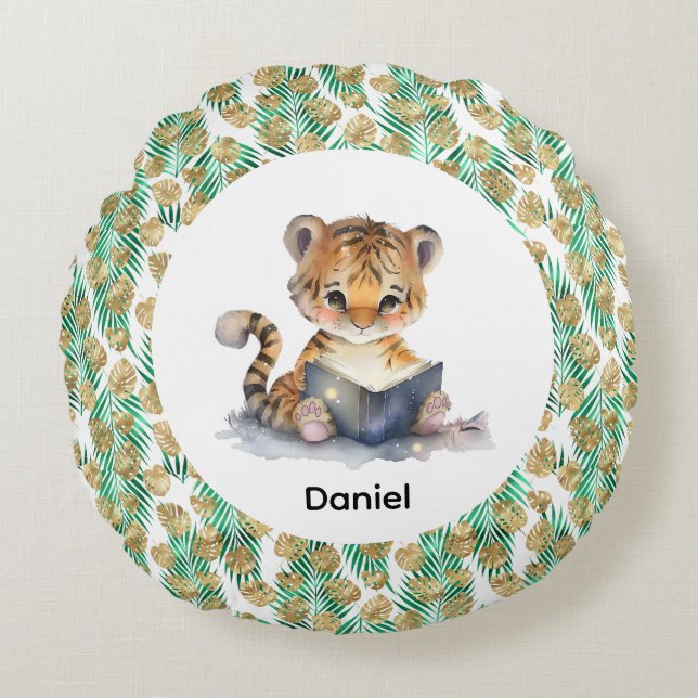 Cute Tiger Läsning i Bok Rund Kudde (Framsidan)