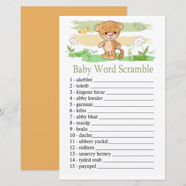Cute Tiger ord-scrampspel i Baby (Fram/baksida)