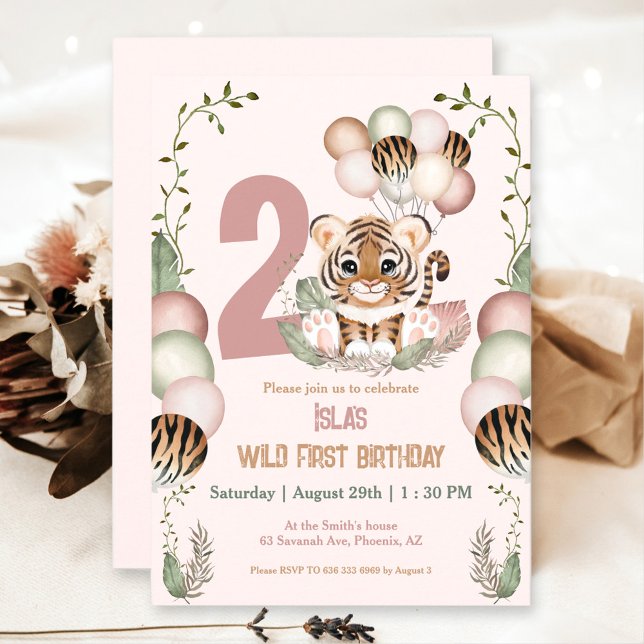 Cute Tiger Safari Rosa Två Vilder Flicka andra föd Inbjudningar (Cute Tiger Safari Pink Two Wild Girl 2nd Birthday Invitation)