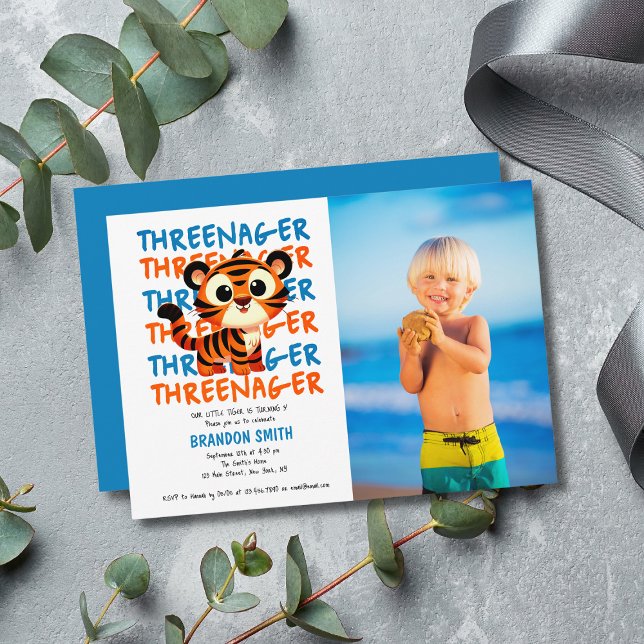 Cute Tiger Threenager Boy 3rd Birthday Party Photo Inbjudningar (Cute Tiger Threenager Boy 3rd Birthday Party Photo Invitation
)