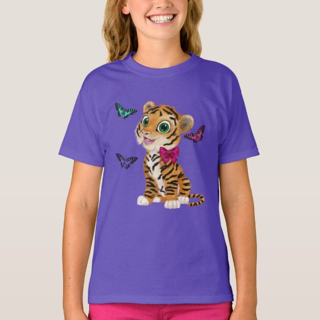 Cute Tiger Unge med Rosa Bow & Butterflies T Shirt (Framsida)