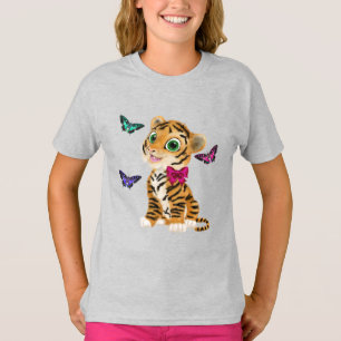 Cute Tiger Unge med Rosa Bow & Butterflies T Shirt