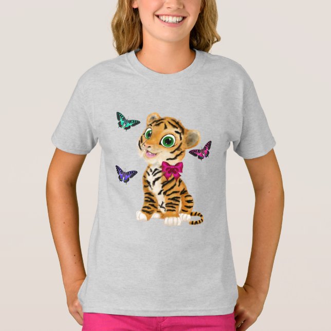 Cute Tiger Unge med Rosa Bow & Butterflies T Shirt (Framsida)