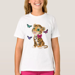 Cute Tiger Unge med Rosa Bow & Butterflies T Shirt
