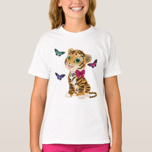 Cute Tiger Unge med Rosa Bow & Butterflies T Shirt