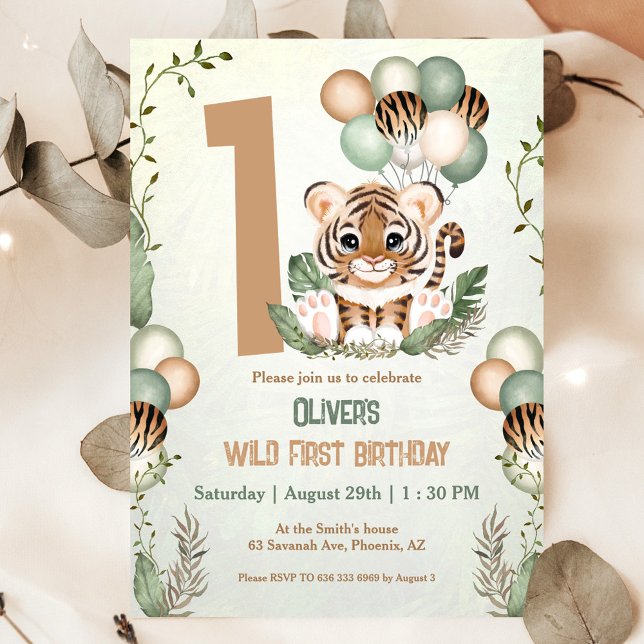 Cute Tiger Unge Vild En pojke 1:a födelsedag Inbjudningar (Cute Tiger Safari 1st Birthday Invitation)