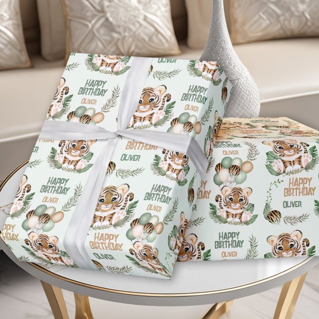 Cute Tiger Vild En pojke 1:a födelsedag Grönt Presentpapper (Cute Tiger Wild One Boy 1st Birthday Green Wrapping Paper)