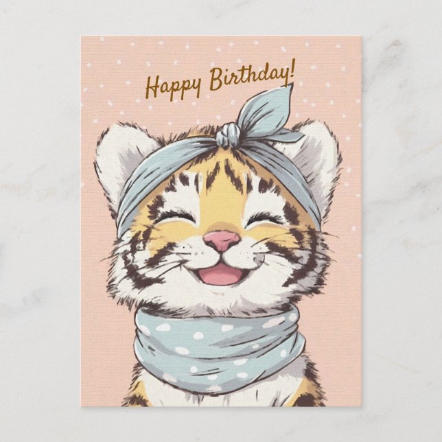 Cute Tiger with Bandana Kids Birthday Invitation Vykort (Framsida)