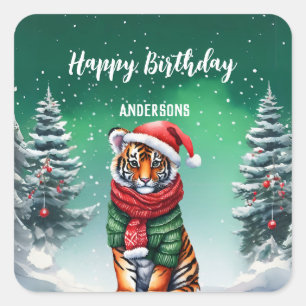 Cute tiger zoo Julgran födelsedag, party Fyrkantigt Klistermärke