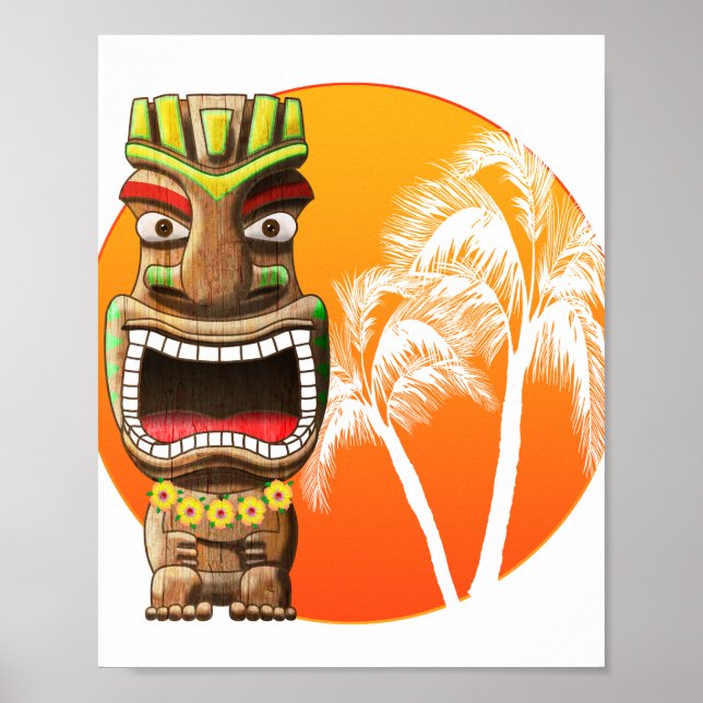 Cute Tiki Statue Beach Sunset Poster (Framsidan)