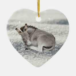 Cute Tiny Donkey Foal i Snö Julgransprydnad Keramik