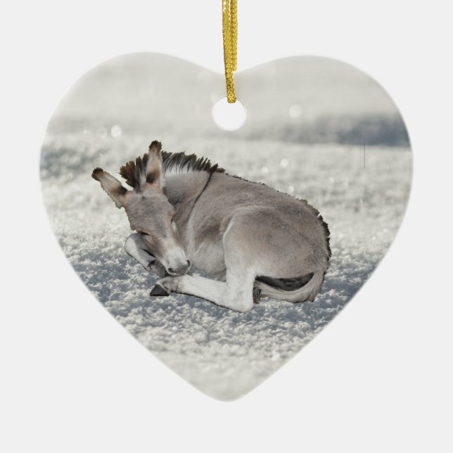 Cute Tiny Donkey Foal i Snö Julgransprydnad Keramik (Framsidan)