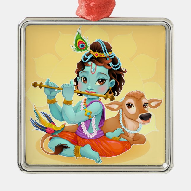 Cute Tiny Krishna & Cow Julgransprydnad Metall (Framsidan)