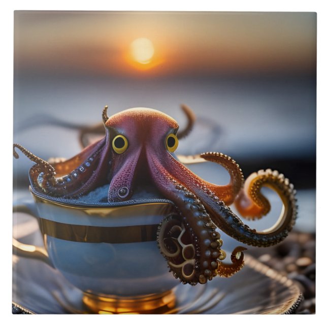  Cute tiny octopus in a teacup at sunrise Kakelplatta (Framsidan)