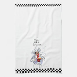 Cute Tjock Fransk Chef Caricature Black White Chec Kökshandduk